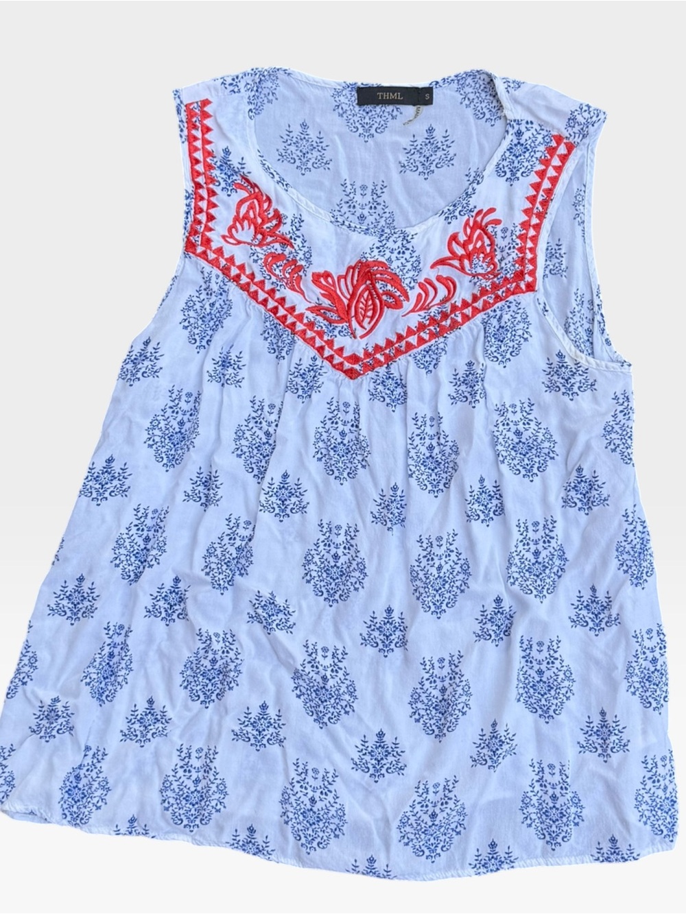 THML White Blue Floral Embroidered Tank Top Small